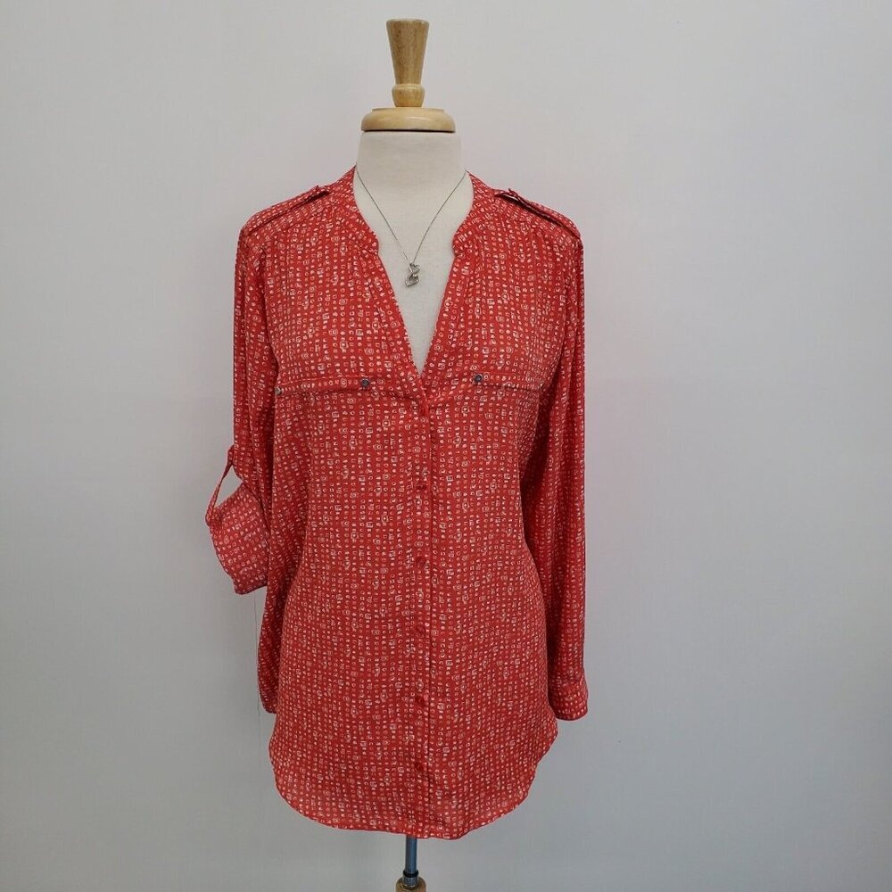 Simply Emma‎ Womens Blouse Top Plus Size 1X Button Up Roll Tab Sleeve Red V-Neck